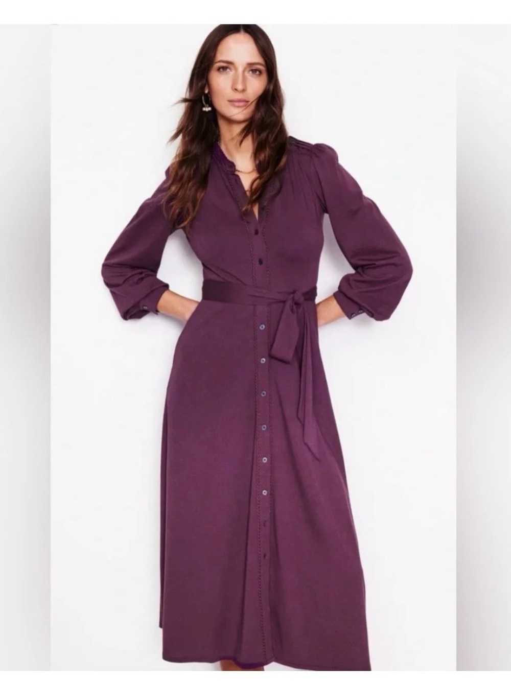 Boden Rowena Trim Plum Button-Front by Midi Dress